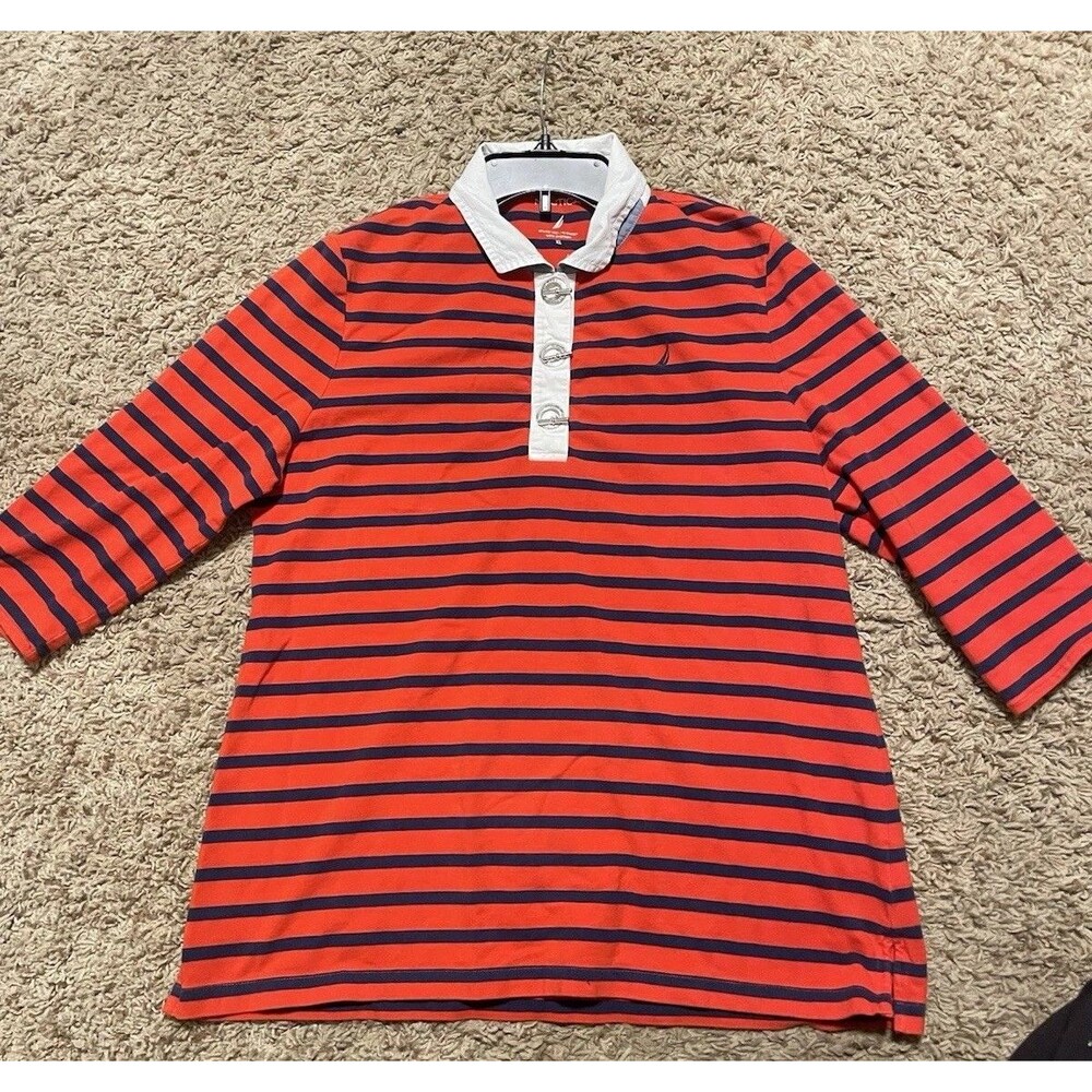 Nautica Women’s Quarter Sleeve Polo Shirt, Red And Navy Stripes With Toggles, XL